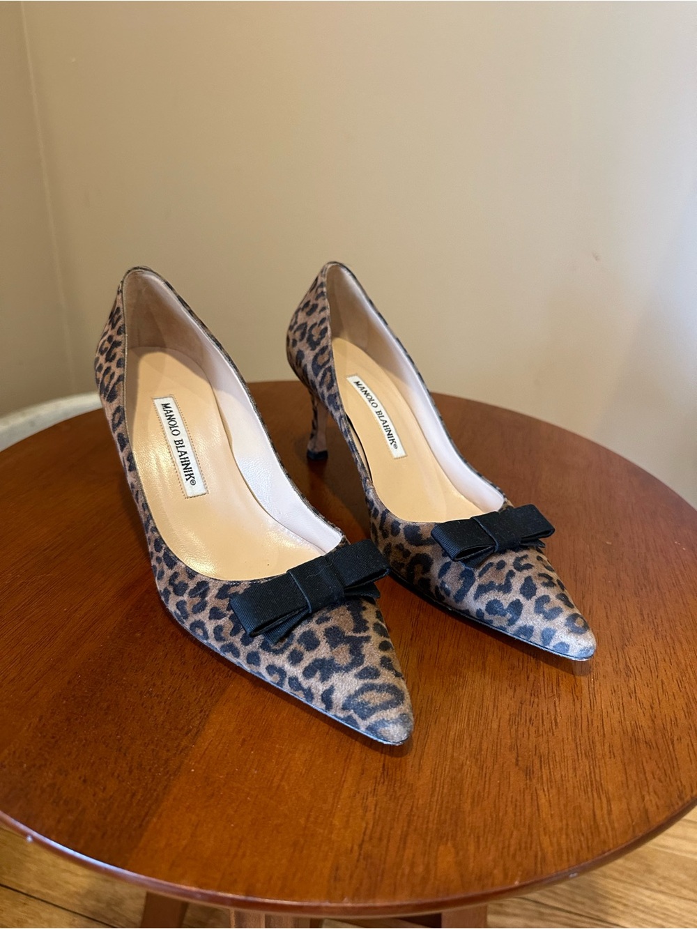 Manolo Blahnik Leopard-Print Pointed Toe Pumps with Black Bow